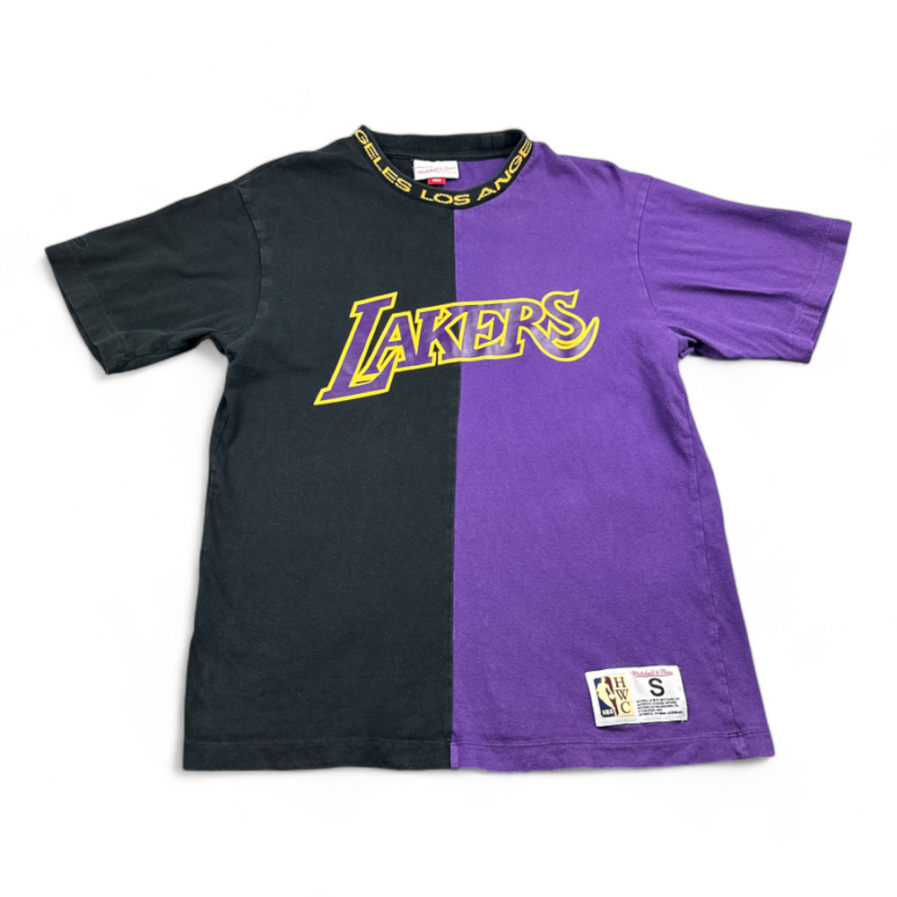 Los Angeles Lakers Shirt Adult SMALL Black Spell Out Mitchell & Ness Color Block